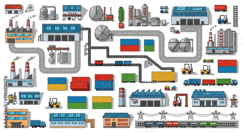 Detailed Illustration of a Complex Industrial Manufacturing and Logistics System.