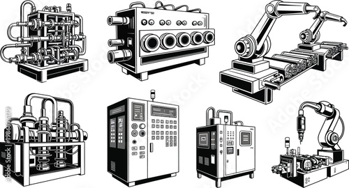 Industrial machinery and robotics collection in line art illustration style