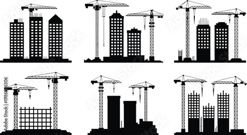 Six building construction sites with cranes and unfinished structures silhouette