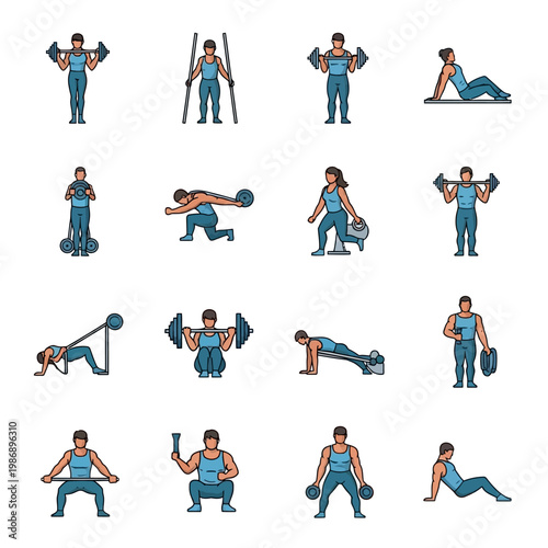 Fitness Icons: Diverse Workout Exercises for Strength Training and Bodybuilding