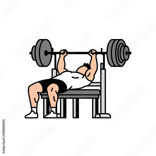 Man doing bench press exercise with barbell on gym equipment, illustration