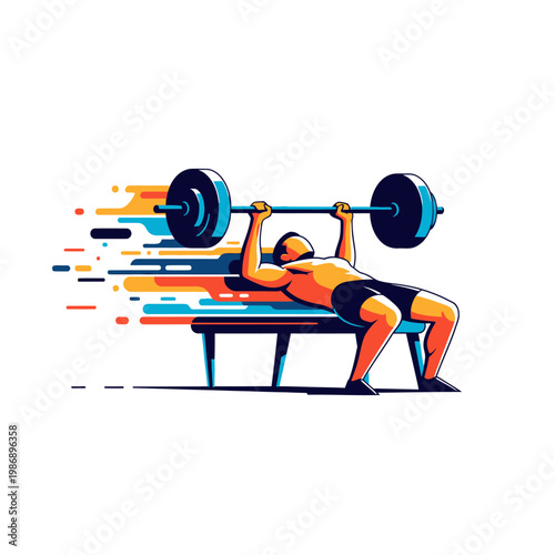 Man doing bench press with dynamic motion lines, weightlifting, fitness, strength training