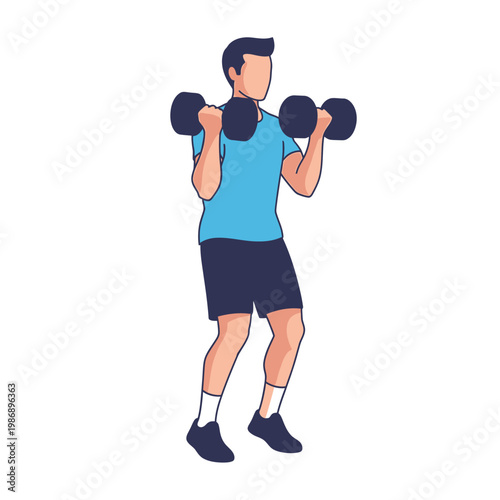 Man doing bicep curls with dumbbells, fitness and workout illustration