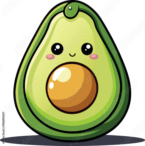 Adorable kawaii avocado character smiling with big eyes, healthy food and fruit vector art illustration.