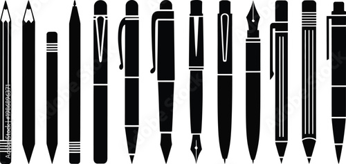 Twelve diverse writing instruments: an assortment of pens and pencils silhouette