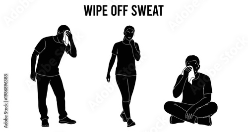 Silhouettes of people wiping sweat during hot weather or exercise on white background
