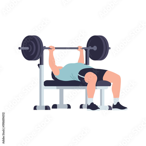 Man performing bench press exercise on weight bench with barbell in gym