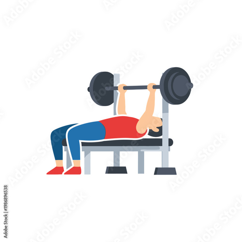 Man performing bench press exercise with barbell on weight bench in gym