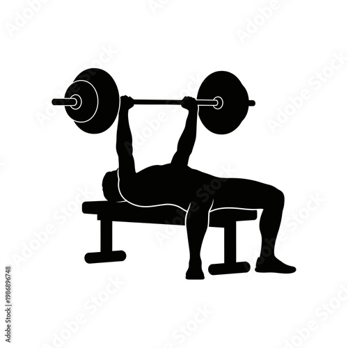 Silhouette of man lifting barbell on bench press, weightlifting exercise, fitness and bodybuilding