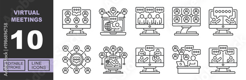 Virtual Meetings line icon set. Exclusive Virtual Meetings line icon collection. Containing Video-conference, Global-collaboration, Webinar, Group-chat, Online-presentation, Network. Editable stroke.