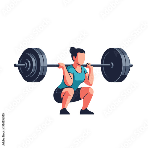 Woman performing barbell squat exercise, fitness training, weightlifting, sports illustration