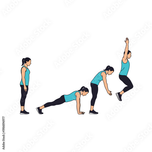 Woman Performing Burpee Exercise Sequence: Plank, Jump Back, Jump Up | Fitness Illustration