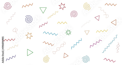 Whimsical geometric shapes and squiggles scattered across a clean white background