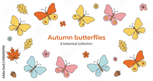 Whimsical autumn butterflies and oak leaves with acorns and small flowers