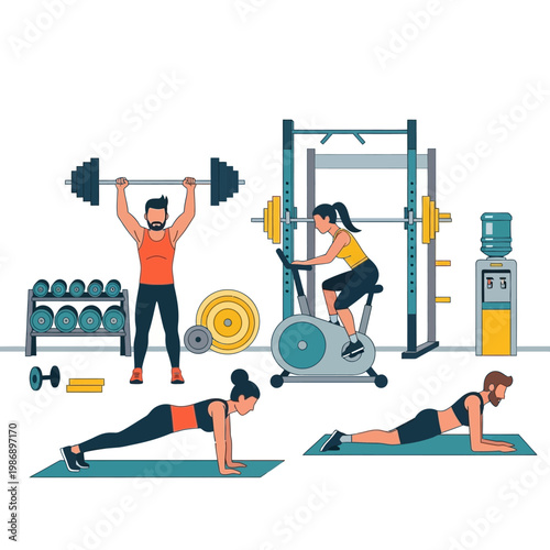 Diverse group exercising in modern gym, weightlifting, cycling, plank workout