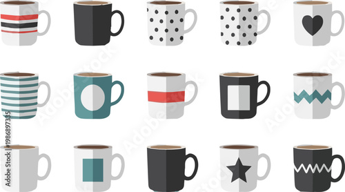 Fifteen Colorful and Patterned Coffee Mugs in Flat Design Style drink