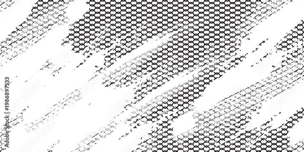 Obraz premium Abstract Black and White Grunge Vector Background with Hexagonal Mesh Pattern, Industrial Distressed Texture, Urban Street Art Style Backdrop, and Rough Brush Stroke Graphic Design
