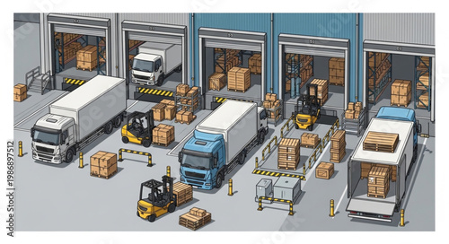 Busy Warehouse Scene with Trucks and Forklifts Loading Cargo.