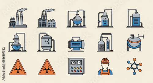 Collection of Industrial and Chemical Process Icons with Safety Symbols.