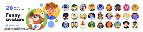 Funny characters avatars, user profiles set. Creative head portraits of whimsical people, animals, robot, alien. Faces in masks, fantasy costumes. Flat vector illustration isolated on white background