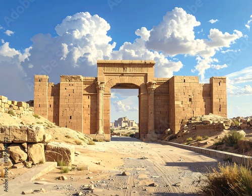 Ancient desert gate with cloudy sky