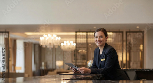 Professional hotel receptionist holding digital tablet at elegant luxury lobby front desk, modern hospitality service interaction