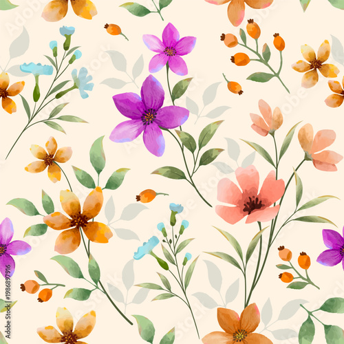 Blooming flowers with green leaf in watercolor style on light yellow background pattern for fashion print design gift wrapping background.