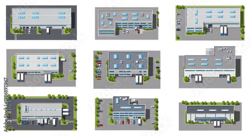 Aerial Views of Modern Industrial Warehouse Buildings and Logistics Centers.