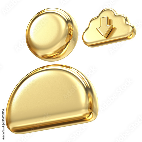 Stylish golden user profile icon with cloud download symbol for fetching data and files, Bright metallic finish ideal for software updates, digital downloads, and remote access interfaces