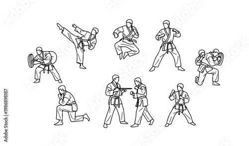 Hand drawn martial arts action icons in circular layout combat sports outline vector set