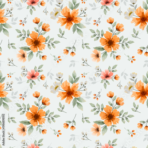 blooming orange flowers with green leaf in watercolor style seamless pattern for fabric textile fashion design print background.