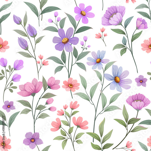 pink and purple flowers with green leaf on light background seamless pattern for fabric textile wallpaper background.