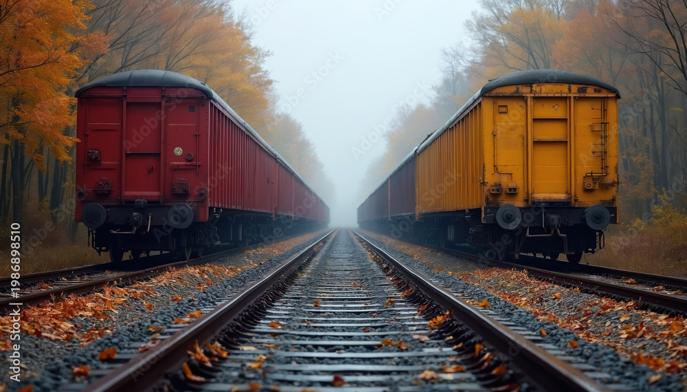 Fototapeta premium Two freight trains, one red and one yellow, sit on parallel tracks in autumn. Trees with orange leaves line the foggy, misty railway. Fallen leaves cover the ground and ballast.