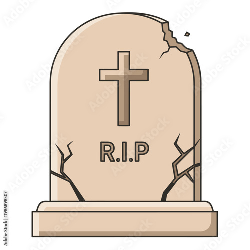 Cracked cartoon tombstone with cross and RIP text on transparent background icon