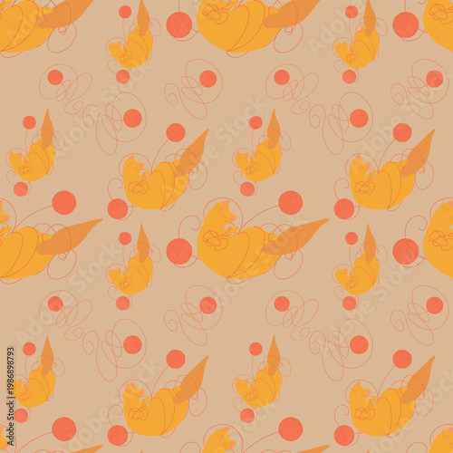 Seamless pattern with cute cats and yarn balls. Seamless pattern featuring playful orange cats interacting with yarn balls and tangled threads.