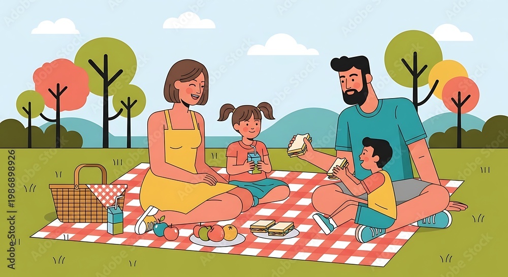 Fototapeta premium Family enjoying outdoor picnic together happily.