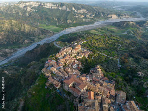 Aerial view of Stilo a town in the province of Reggio Calabria, in the Calabria region of southern Italy. It is one of 