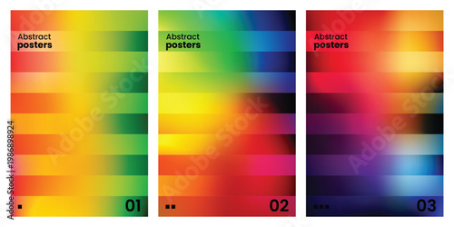 Set of three abstract posters with vibrant gradient backgrounds and horizontal stripes, modern minimalist design for flyers, covers, and digital art