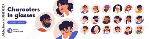 People in glasses, face avatars set. Male and female wearing specs, eyeglasses. Diverse happy characters in spectacles, eyewear, head portraits. Flat vector illustrations isolated on white background