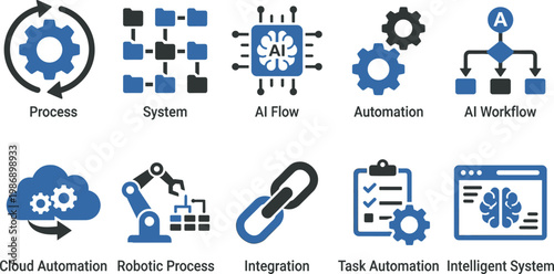 AI automation workflow icons set process system integration robotic cloud task automation intelligent systems technology flat design illustration pack