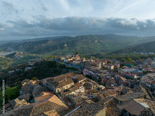 Aerial view of Stilo a town in the province of Reggio Calabria, in the Calabria region of southern Italy. It is one of 