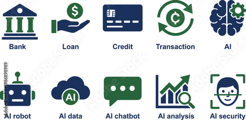 AI fintech banking icons set with loan credit transaction chatbot analysis security data robot vector illustration modern financial technology design collection