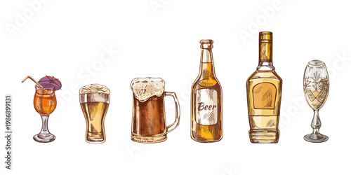 Hand drawn vintage sketch set of cocktail beer whiskey and champagne glasses in color and monochrome illustration