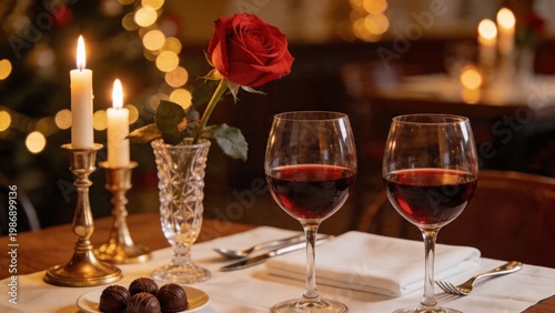 Elegantly set romantic dinner table with red rose, wine glasses, and candlelight creating a cozy atmosphere.