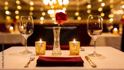 An intimate dinner setting with a red rose, candles, and warm bokeh lights, perfect for romantic occasions.