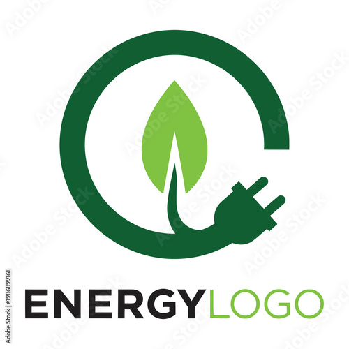 Green energy logo with leaf and electric plug in circle symbol icon