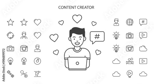 contentcreator, socialmedia, outline Content creator, social media icons, line art, vector graphics isolated on White Background icons, digital