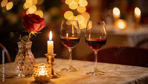 Elegant romantic dinner setup with red rose, wine glasses, candlelight, and warm bokeh creating a cozy atmosphere.