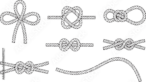 Seven Different Rope Knots and a Curved Rope Piece in Line Art secure binding