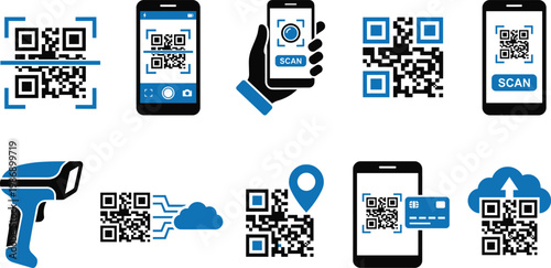 QR code scanning icons, mobile payment, barcode scanner, smartphone app, digital technology, contactless payment, vector illustration, flat design, security, business